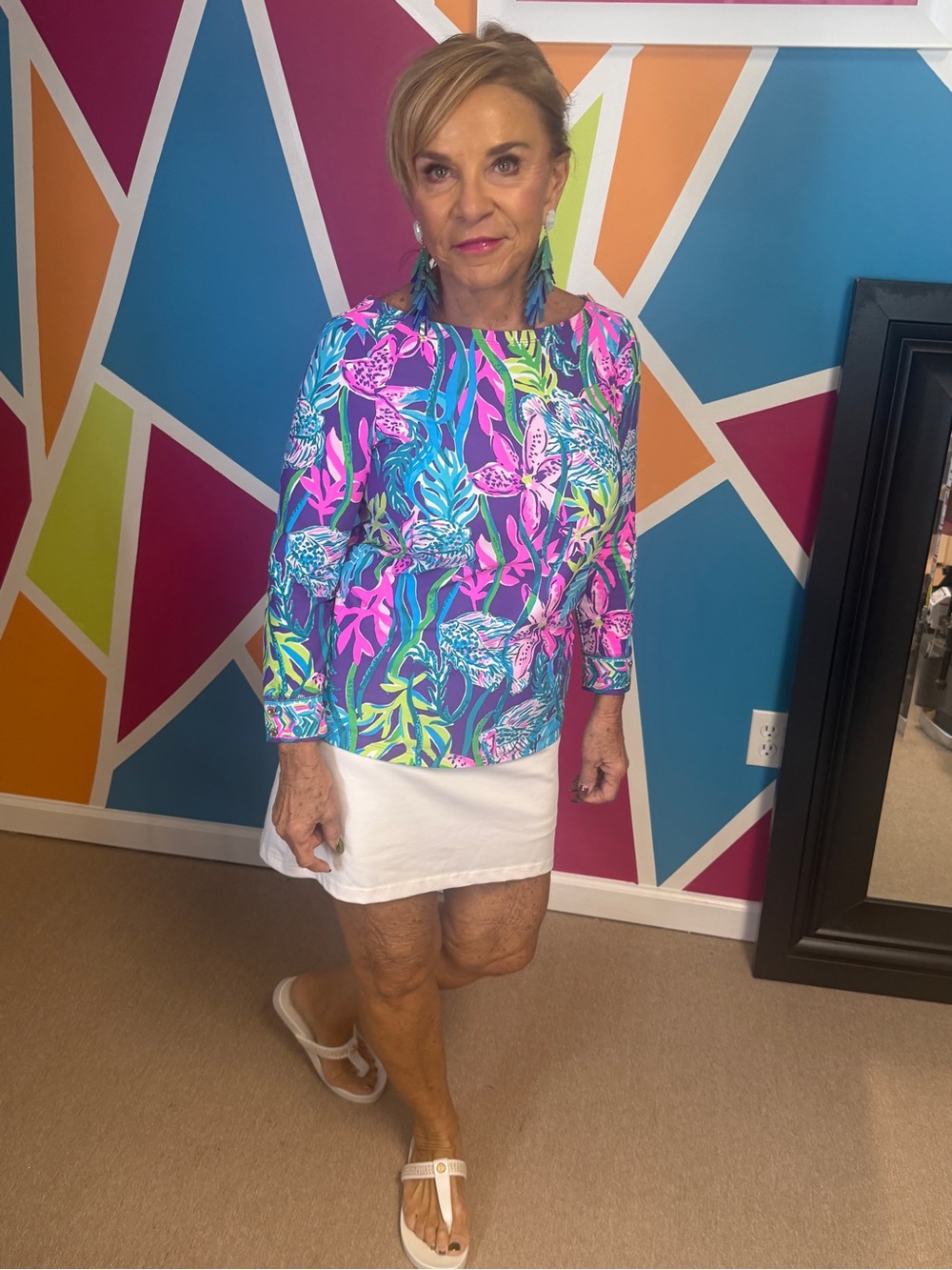 Lilly Pulitzer Bright Floral Boatneck Top in Blue, Pink, Green